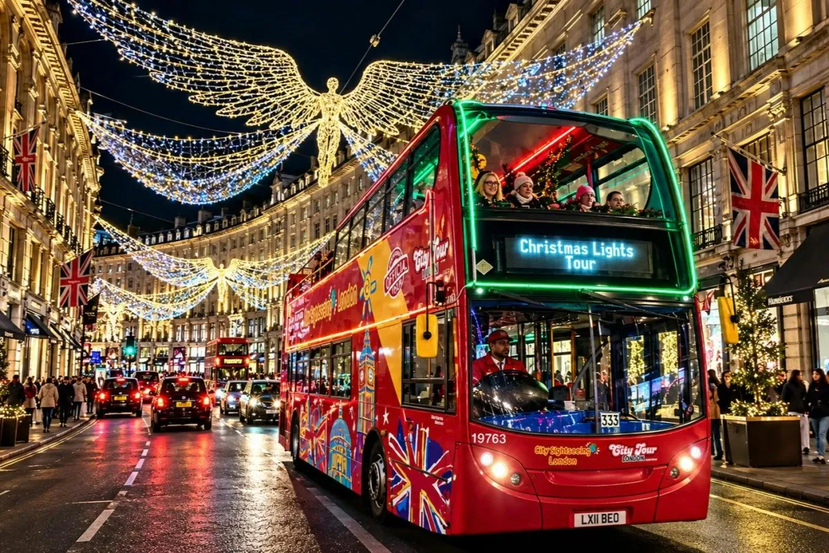 London: Christmas Lights Bus Tour with Audio Guide + Roundtrip Uber Boat