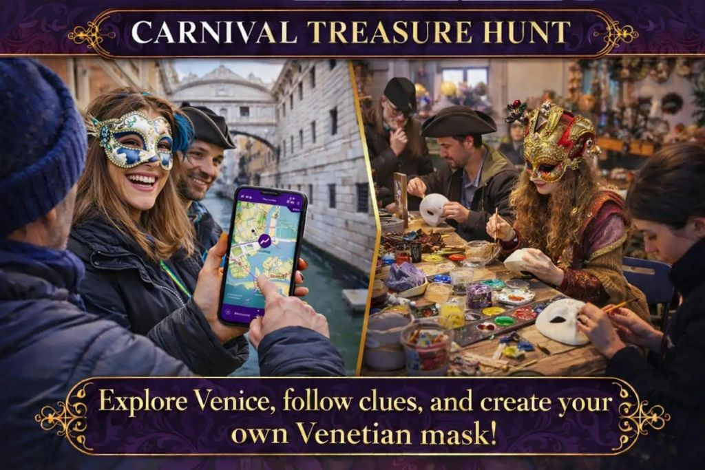 Venezia: Gioco della caccia al tesoro digitale del Carnevale + laboratorio di maschere