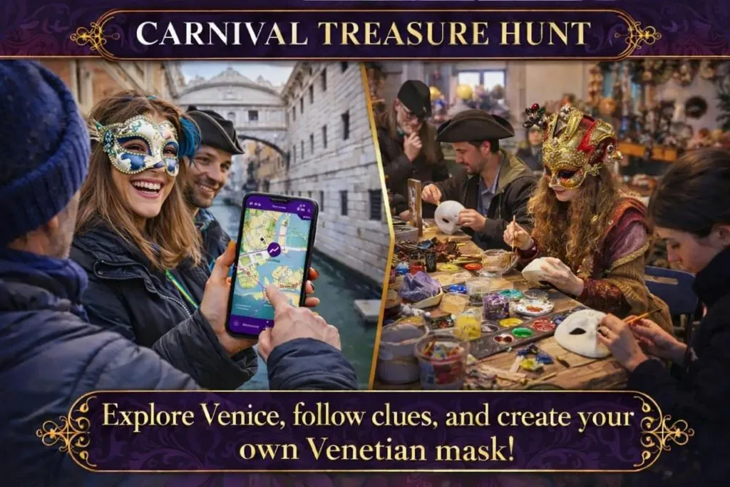 Venezia: Gioco della caccia al tesoro digitale del Carnevale + laboratorio di maschere
